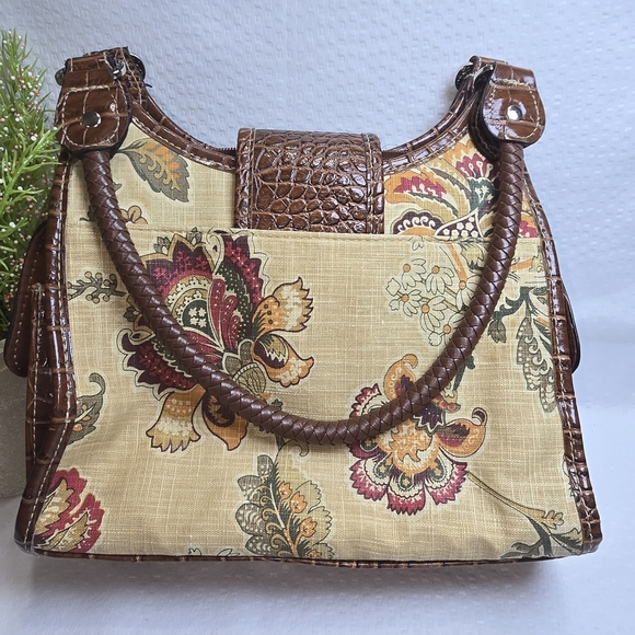 ROSSETTI PURSE VEGAN LEATHER LINEN COTTON BROWN FLORAL GREAT CONDITION - Picture 2 of 13